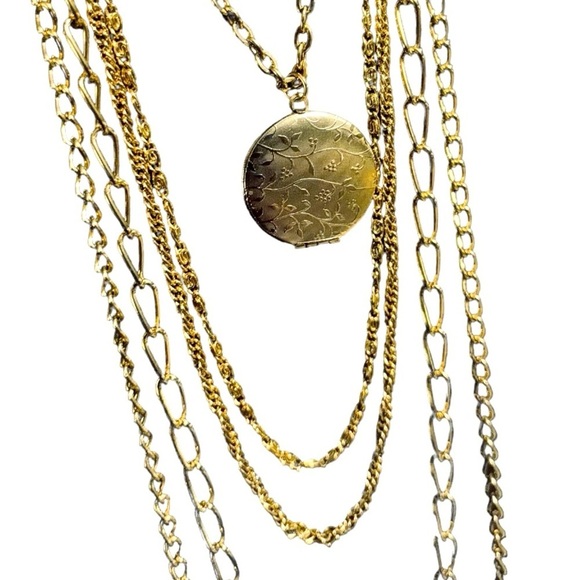 Long Multi Strand Gold Necklace with Locket Five Gold Tone Chains and Locket - Picture 3 of 12